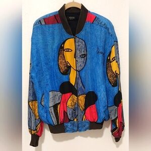 Vintage Silk Asian oversized Picasso Bomber Jacket XL